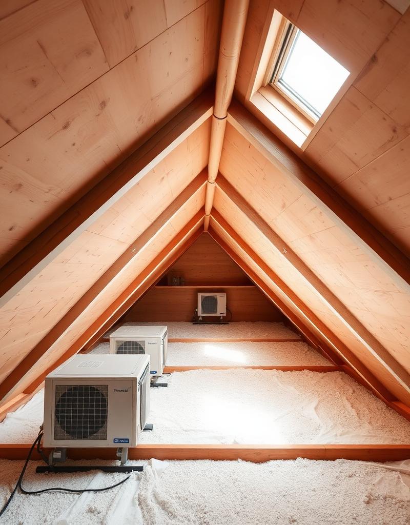 Modern attic with high-efficiency HVAC units and insulation